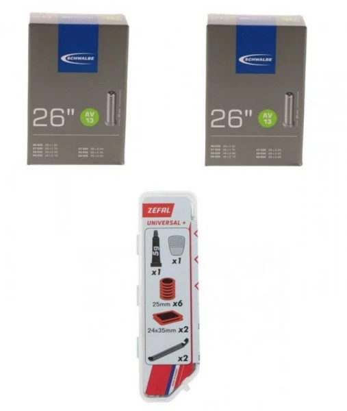 2x Schwalbe Schlauch AV13 26x1.50-2.40" (40/62-559) + 1x Reparatur-Set Universal Zefal 1 2x Schwalbe Schlauch AV13 26x1.50-2.40" (40/62-559) + 1x Reparatur-Set Universal Zefal