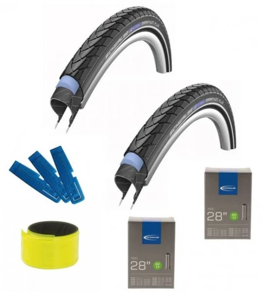 Schwalbe MARATHON PLUS 28x1.50 + 2x AV17 Schlauch + Reifenheber + Reflexband 1 Schwalbe MARATHON PLUS 28x1.50 + 2x AV17 Schlauch + Reifenheber + Reflexband