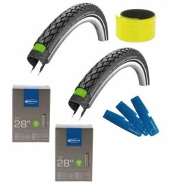 Schwalbe 2x MARATHON GreenGuard 28x1.75 + 2x AV17 Schlauch + Reifenheber + Reflexband